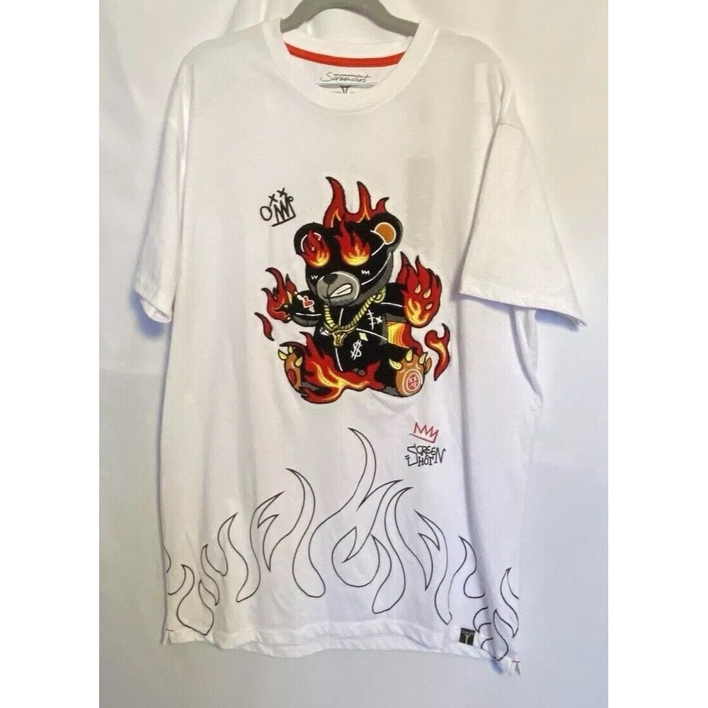 Screenshot Brand Men’s Shirt 2XL Hip Hop Embroidered Bling Fire Bear Gold Urban